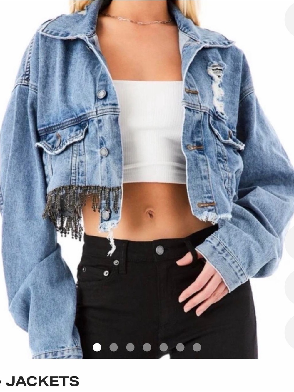 Carmar Light Blue Cropped Denim Jacket with Beaded Fringe